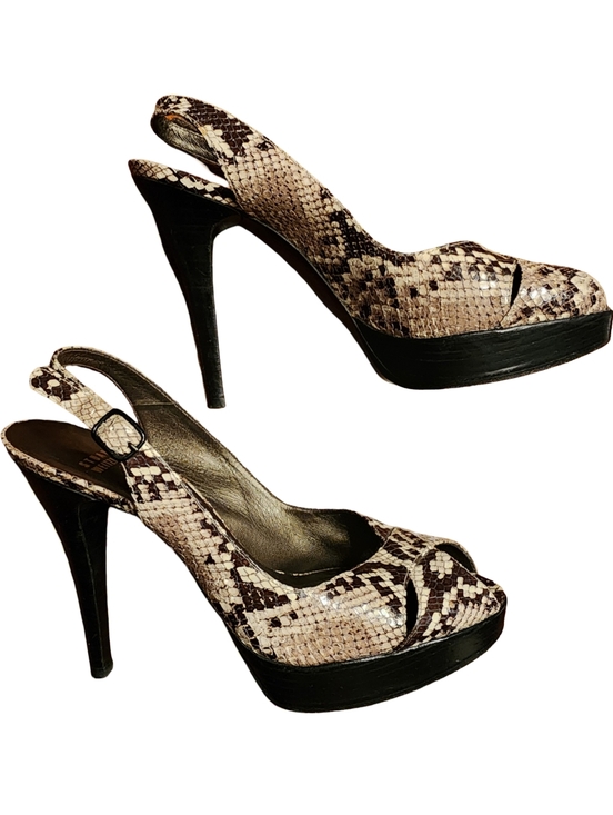 Stuart Weitzman Shoes - STUART WEITZMAN Women's Leather Snakeskin Slingback Heels - Size 10 Brown/Cream